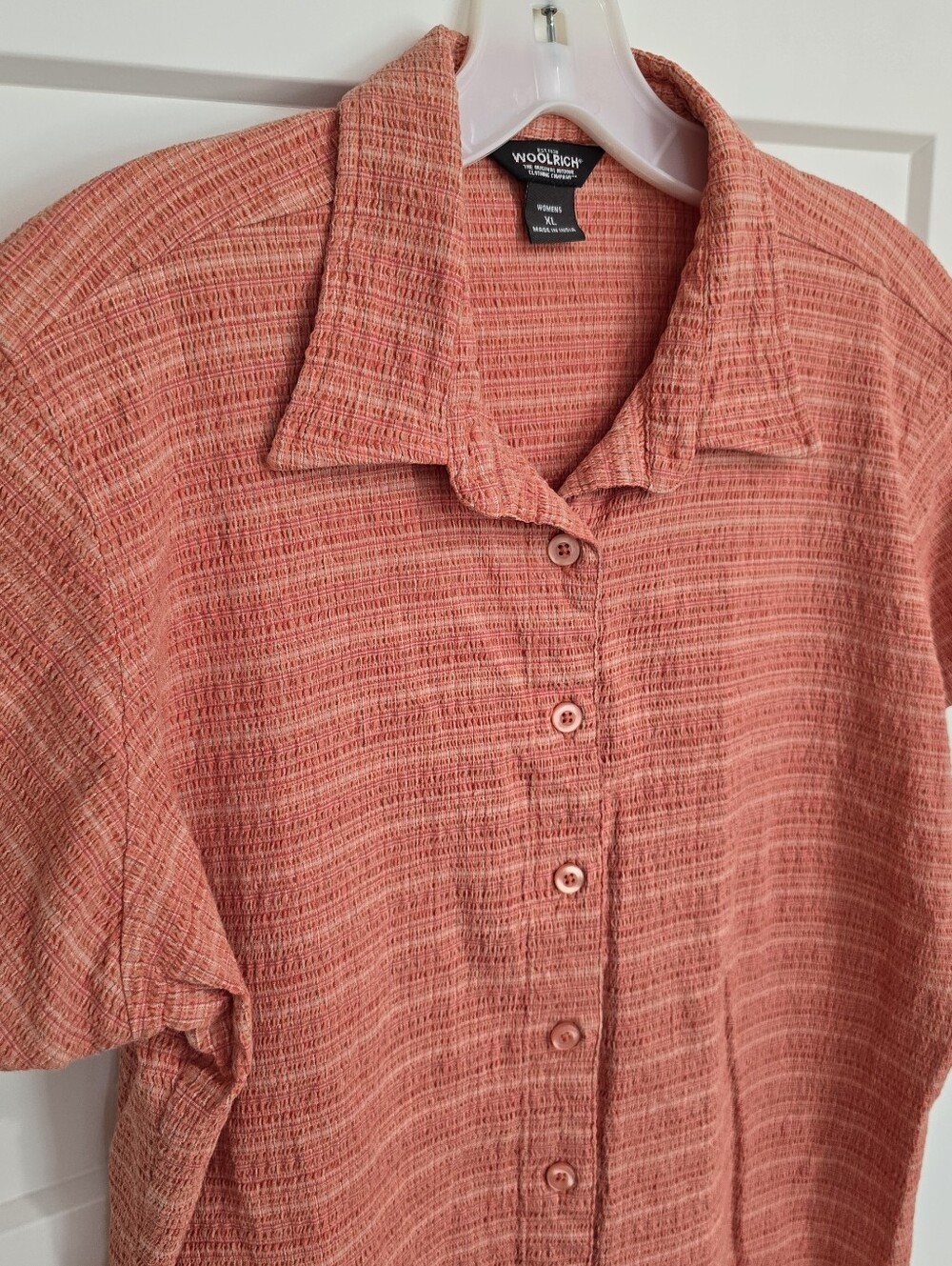WOOLRICH Women's Orange Textured Button-Front Short Sleeve Shirt XL
